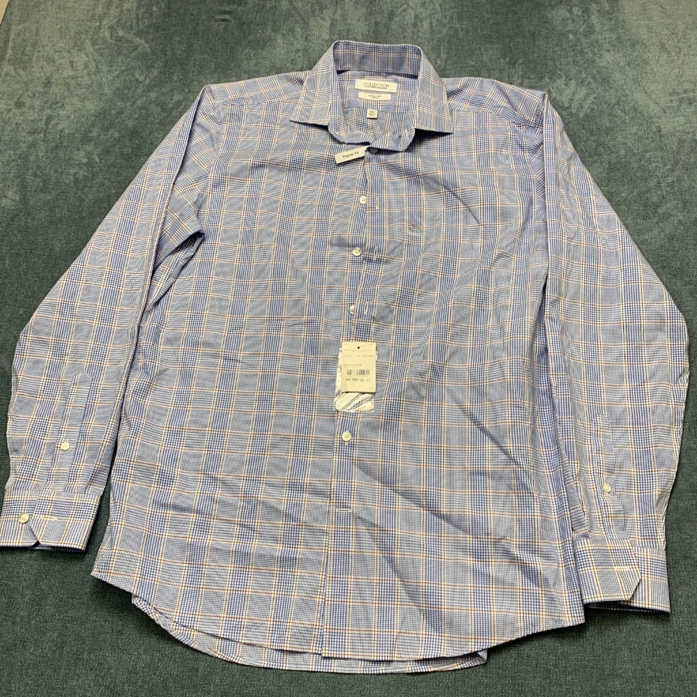 Collection By Michael Strahan Dress Shirt Mens 16.5 36/37 Burgundy Blue Plaid